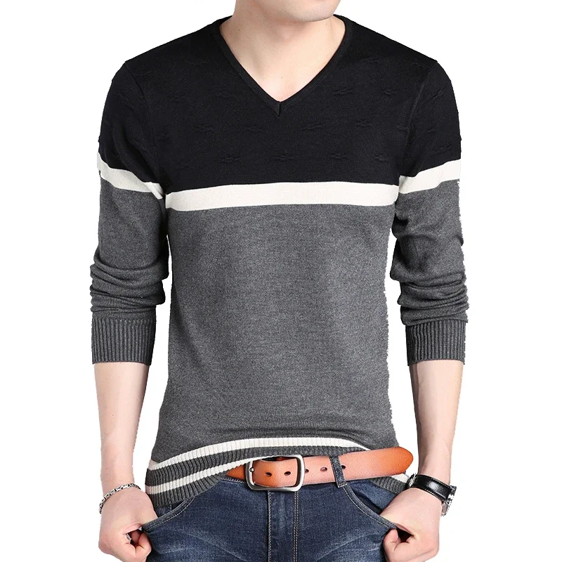 Oversize Sweater Men Autumn V-necked Men's Slim Sweaters Striped Sweater Knitted Bottom Sweater Men Clothes