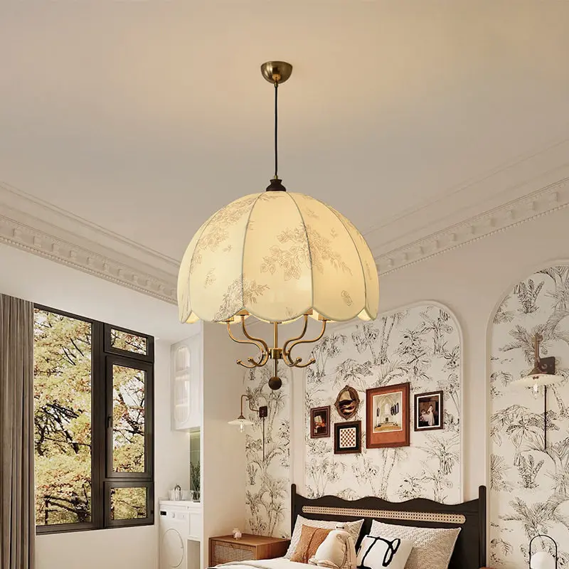 Patterned Fabric Lampshade LED Pendant Light French Designer Hanging Lamp Retro Living Room Dining