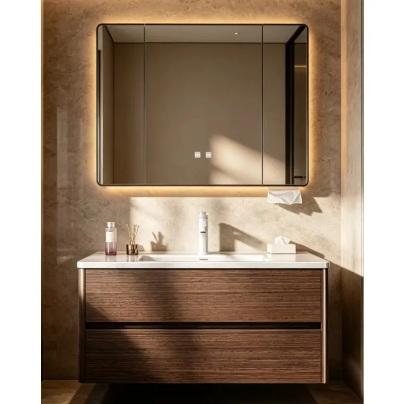 Double Drawers Walnut Finish Wash Basin Cabinet
