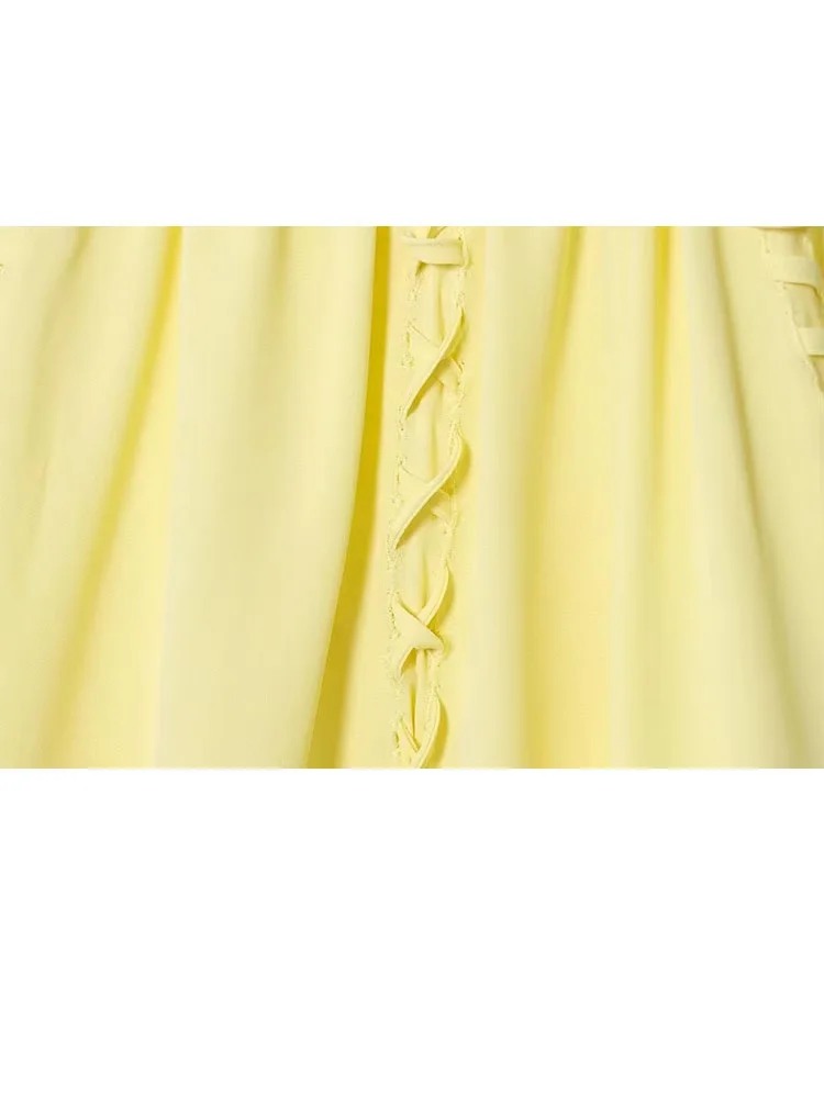 HH Vrouwen Herfst Casual Losse Blouses Geel Lantaarn Lange Mouwen Boog Lace-Up Decoratie Vrouwelijke Mode O-hals Shirts Trendy