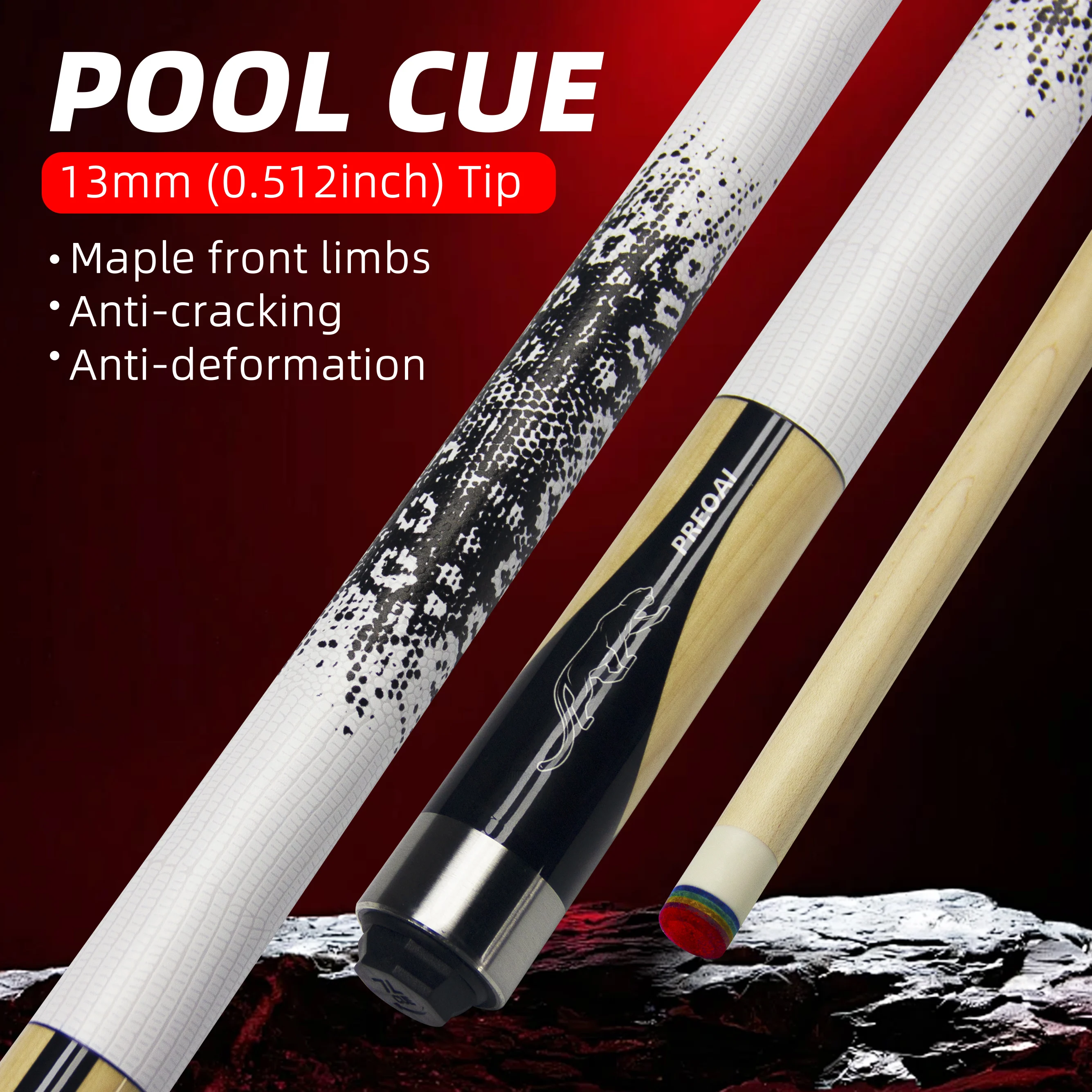 Maple Wood 1/2 Pool Cue Lizard Grip Rainbow Tip Lightning Quick-Release Joint Pro-Level 9-Ball Performance