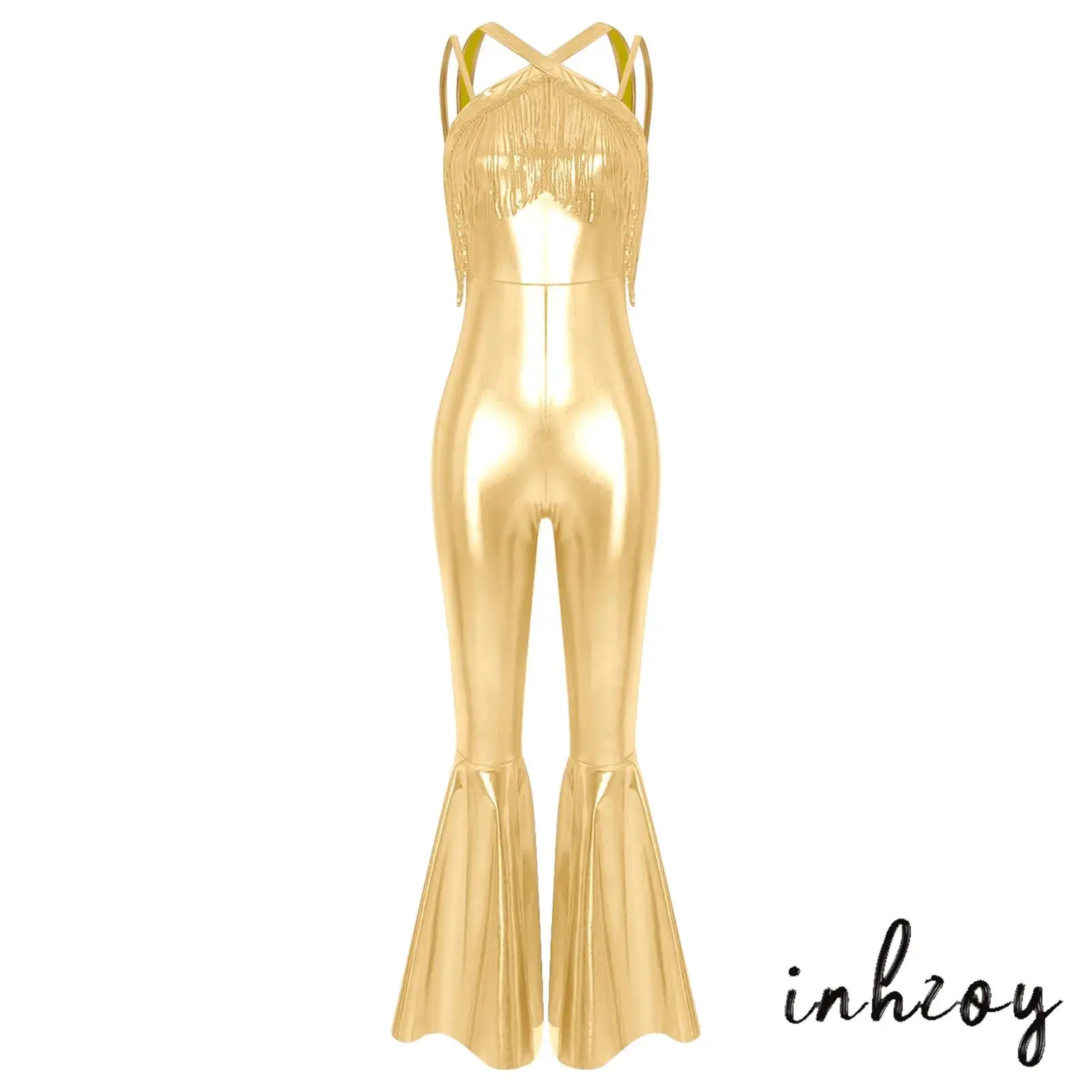 

Womens Ballet Jazz Dance Jumpsuit Shiny Metallic Sleeveless Sequin Tassels Spaghetti Straps Bell Bottom Rompers Disco Clubwear