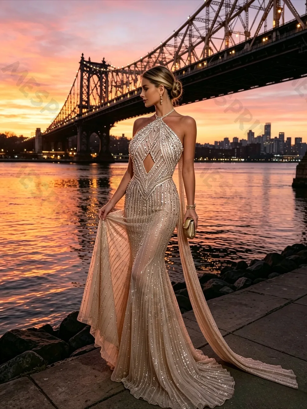 Customized Sexy Hanging Neck Bow Fish Tail Evening Gowns with Backless Crystal Nail Bead Hollow Out and Floor Banquet Dresses