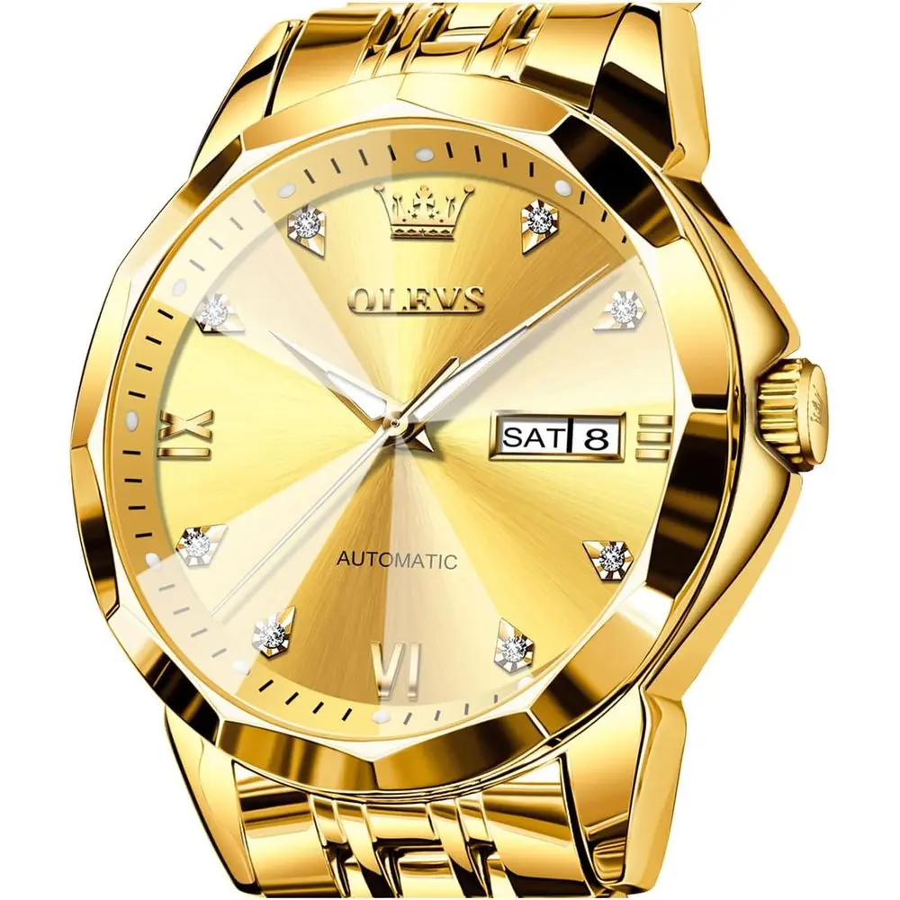 

Часы OLEVS для мужчин, автоматические классические механические часы с бриллиантовым зеркалом, из нержавеющей стали, повседневные, водонепроницаемые, с календарем дня/даты.
