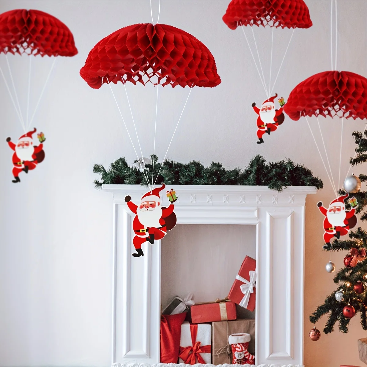 1Pc Christmas Parachute Paper Honeycomb Hanging Decoration, Santa Claus Design, Festive Party Decor for Thanksgiving,New Year