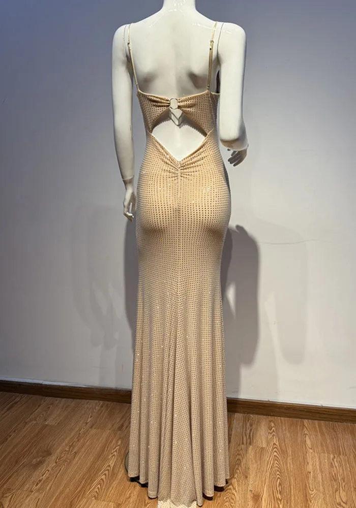 Glamour abito lungo ritagliato impreziosito da cristalli nudi – Abito da sera senza maniche con spacco alto per donna