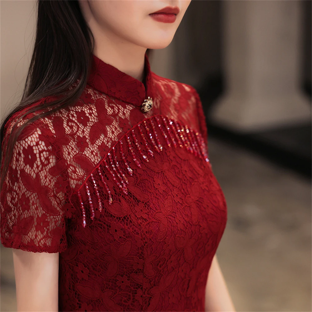 Wine Red Lace Cheongsam Bride Wedding Toast Dress Ladies Engagement Party Fishtail Qipao Oriental Elegant Evening Banquet Gown