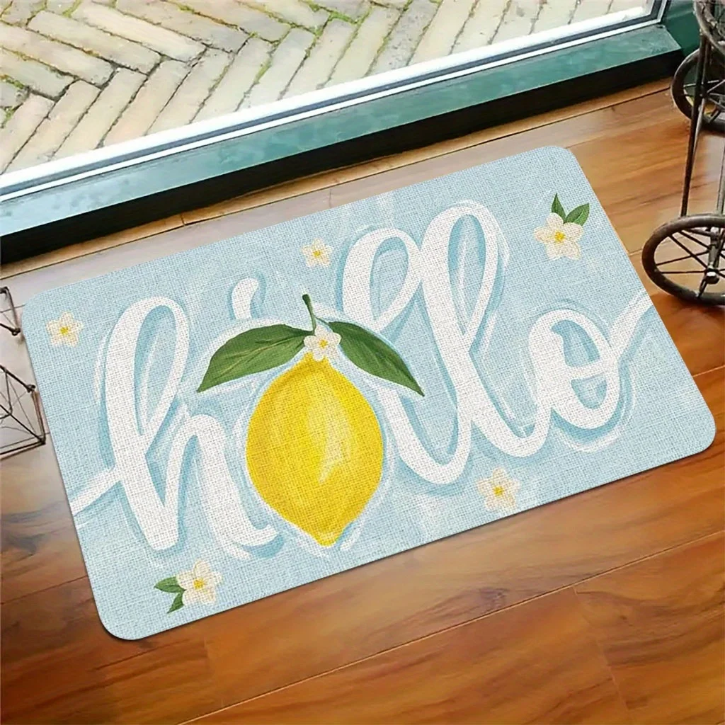 Light Texture Lemon Hello Cursive Letter Print Doormat, fresh citrus style rug, casual floor mat for entryway floor decoration