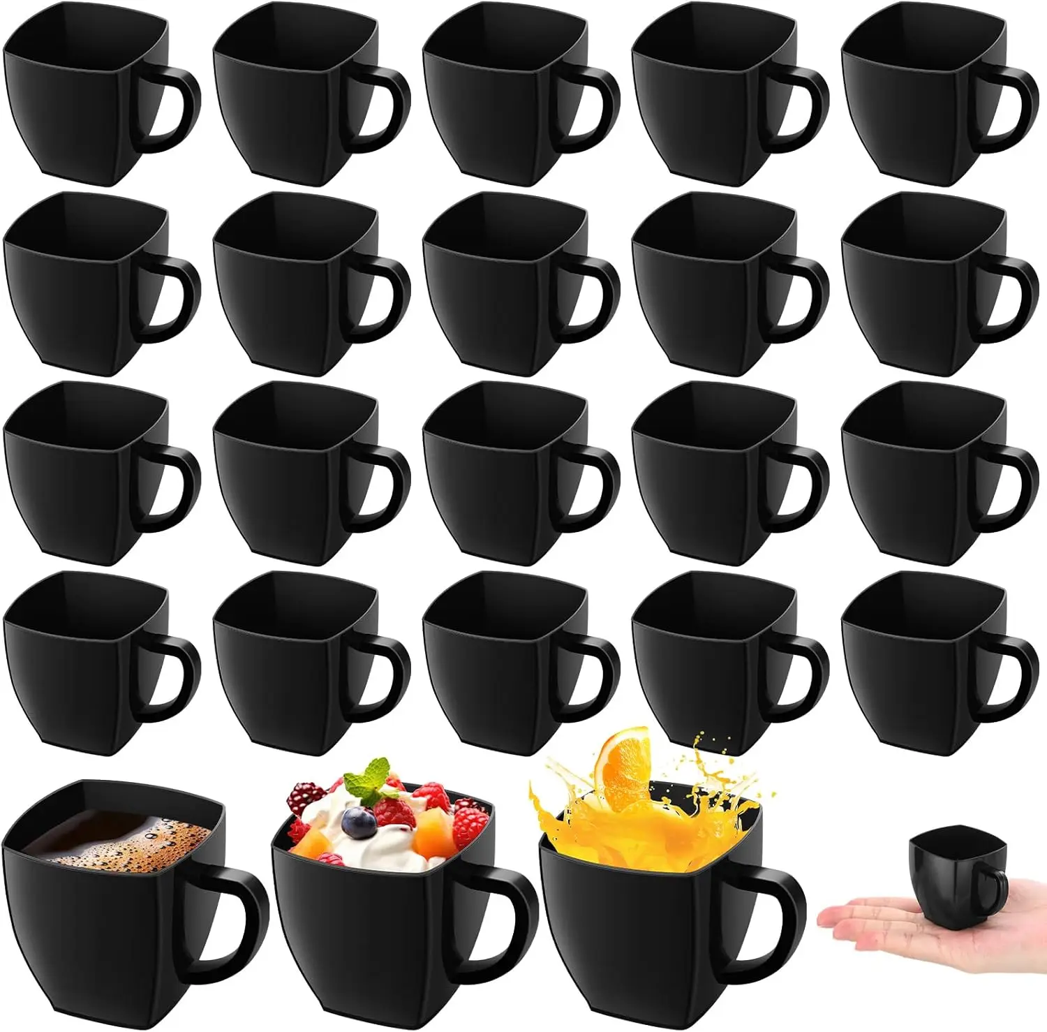 

50 Pcs Disposable Tea Cups Mini Plastic Tea Cup Bulk with Handle Hard Plastic Coffee Mug Disposable Square Espresso Mug