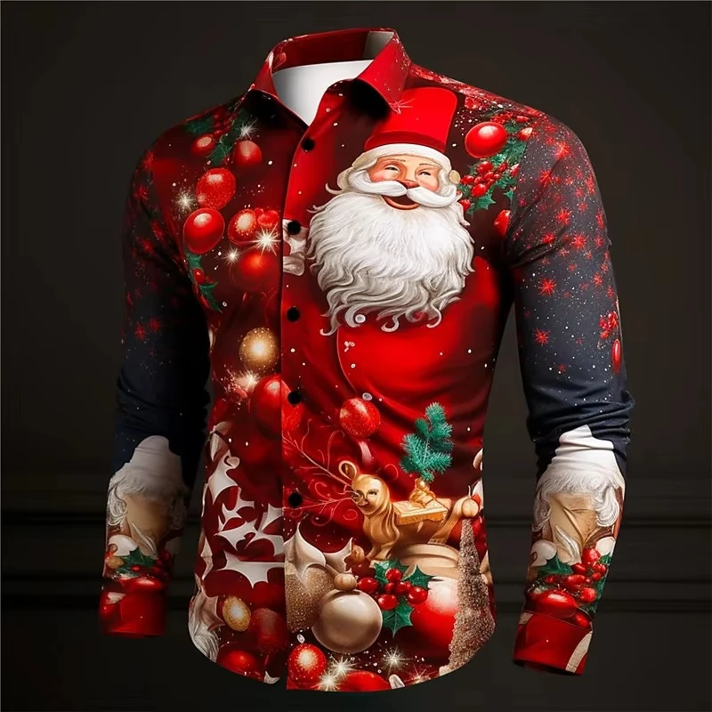 Camicia da uomo con stampa di Babbo Natale 3D per feste natalizie, tema natalizio, manica lunga, abbigliamento da strada ​