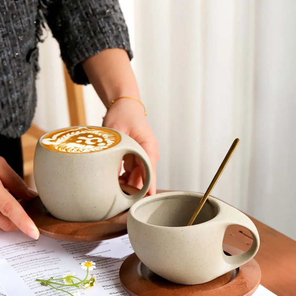 Creative Crescent Design Ceramic Mug With Wood Saucer Vintage Coarse Pottery Tea Latte Cup Artistic Home Office Drinkware