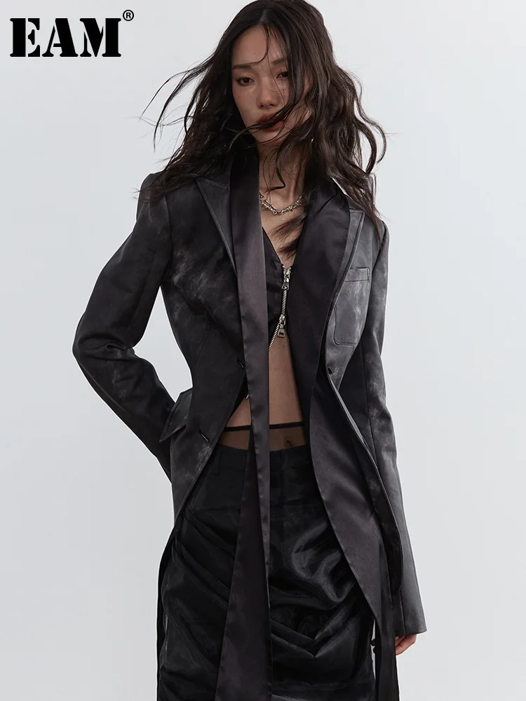 [EAM] Women Dark Gray Pu Leather Irregular Slit Blazer New Lapel Long Sleeve Jacket Fashion Tide Spring Autumn 2024 1DH4722