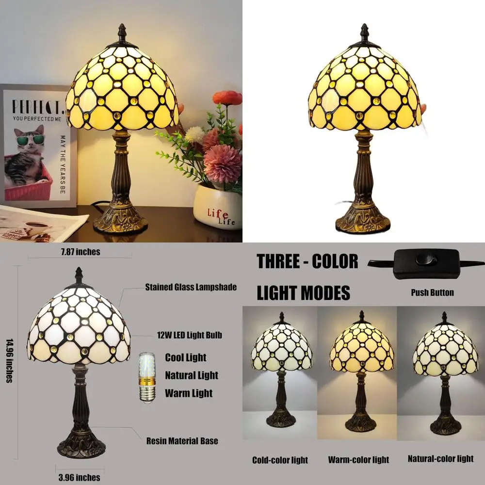 

8 Tiffany-Style Stained Glass Desk Lamp with White Pearl Accents for Bedroom Reading
