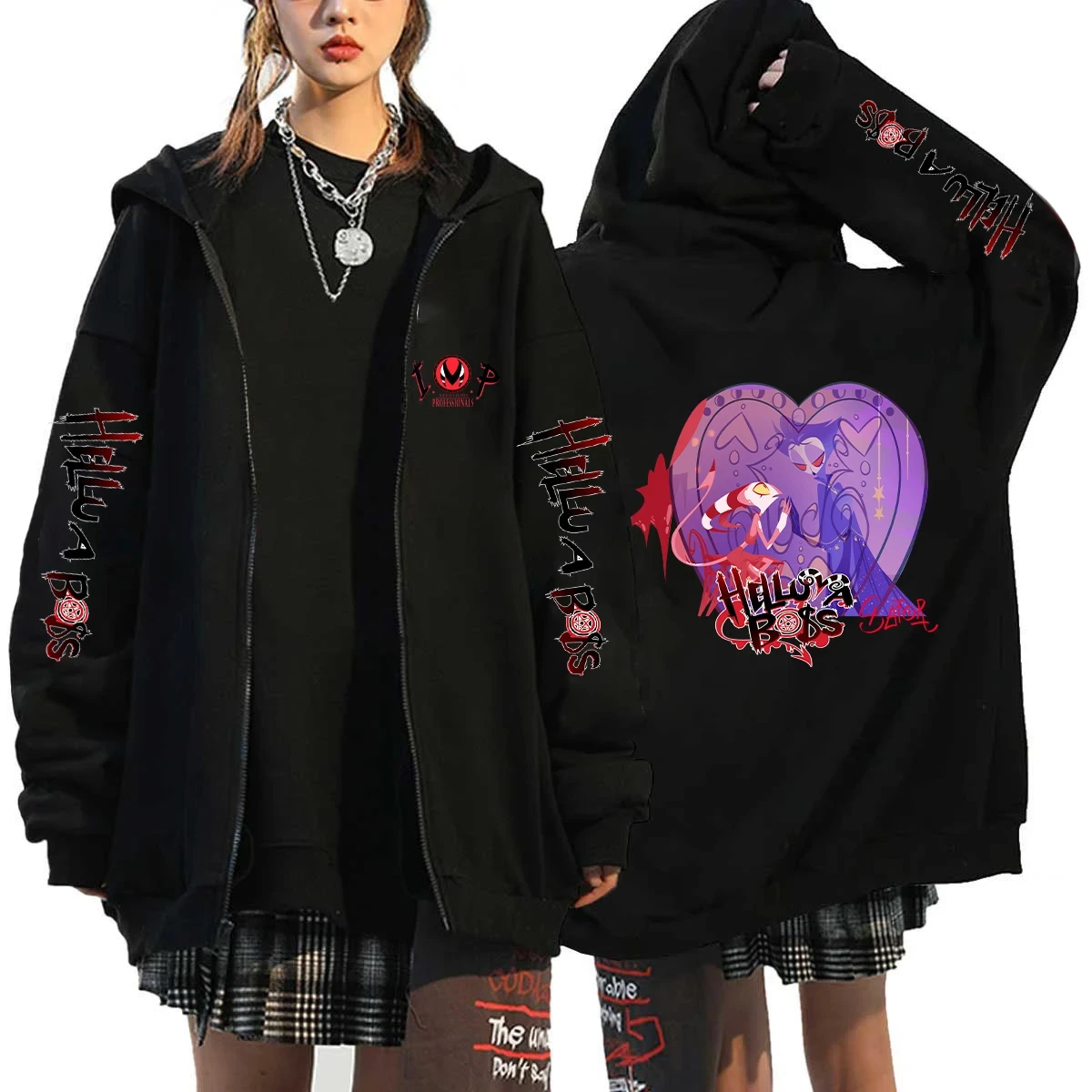 Sudadera con capucha para amantes del anime, estilo Helluva Boss, estampado 2D negro, informal