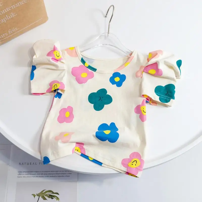 2023 Summer Girls T-shirts Flower Shirts for Kids Short-sleeve Children Blouse Cotton Baby Outfits Toddler Outerwear Clothing