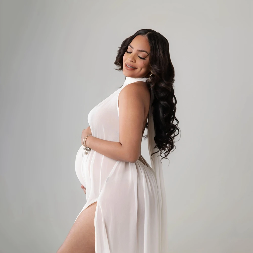 Halter Maternity Photography Dresses Chiffon Backless Pregnant Photo Shoot Gown High Split Pregnancy Studio Posing Clothing