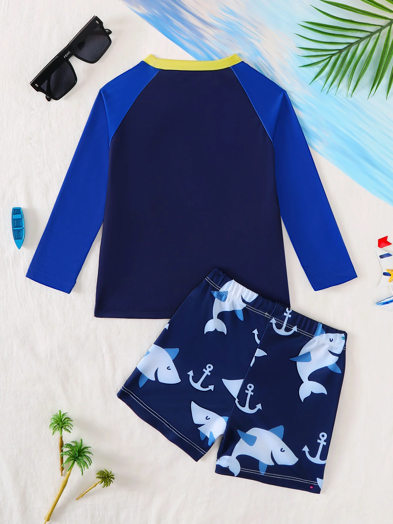 Infant Boys Long Sleeve Color Block Shark Print Swimming Suit Set Baby Boy's Swimwear with Unique Design