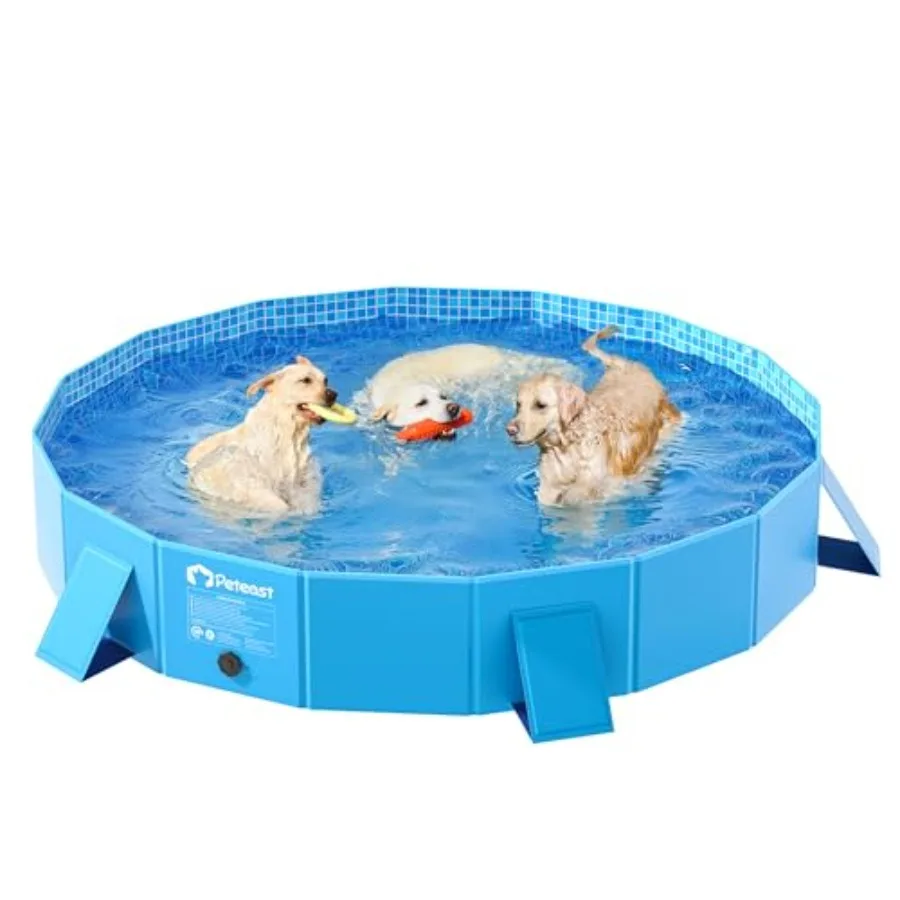 Foldable Dog Kiddie Pool for Outdoor Use Hard Plastic Shell Blue Stable Side Support Portable Collapsible Design 71 in