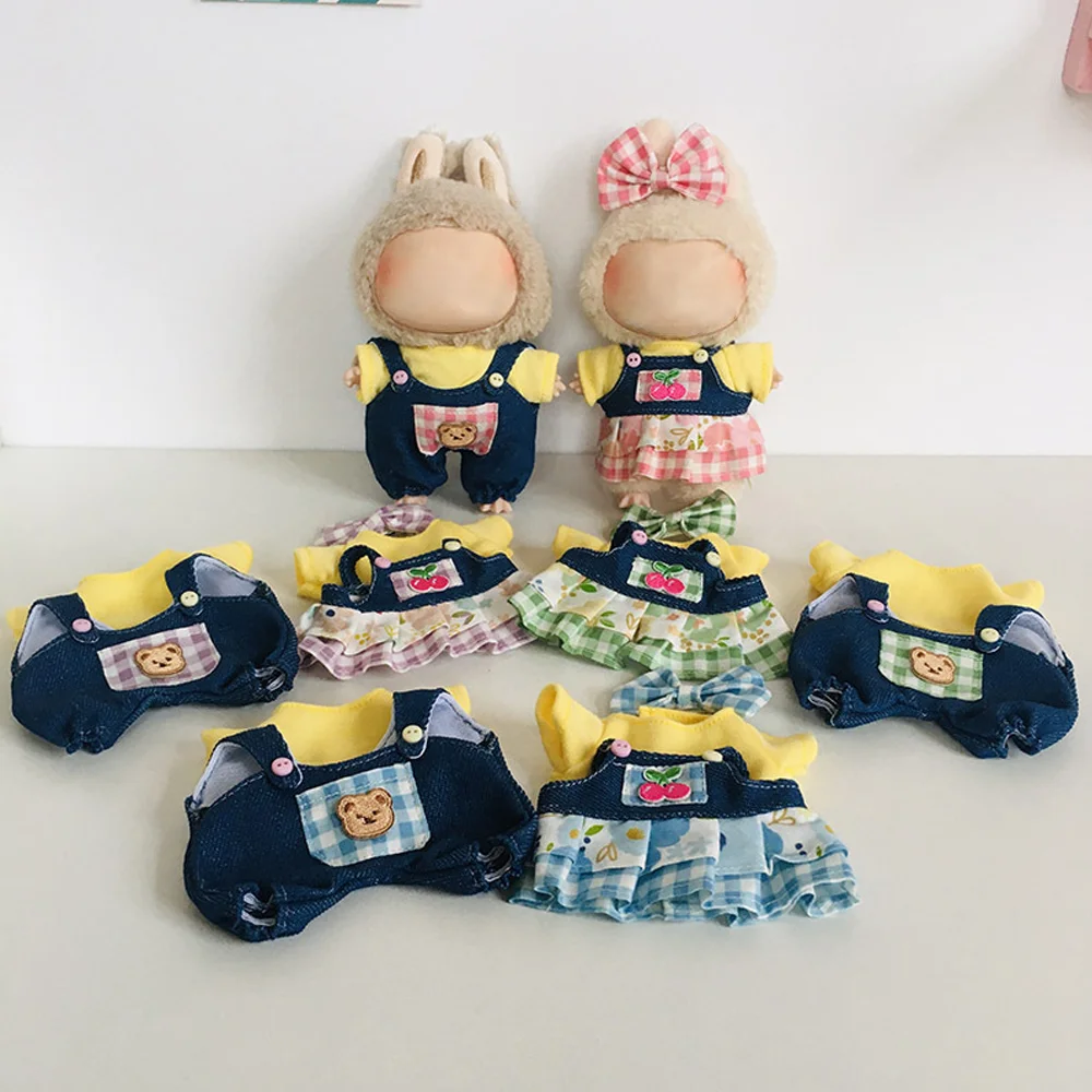 

17cm Labubu Clothes Cowboy Overalls Checkered Skirt Plush Doll Outfit Clothing Designer Accessories Doll Pendant Decoration