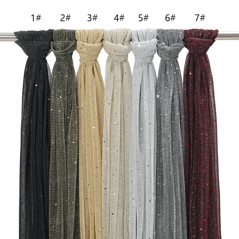 Glitter Sequins Scarf For Women Muslim Shimmer Hijab Crinkle Shiny Shawl Islamic Headscarf Thin Transparent Woman Party Stoles