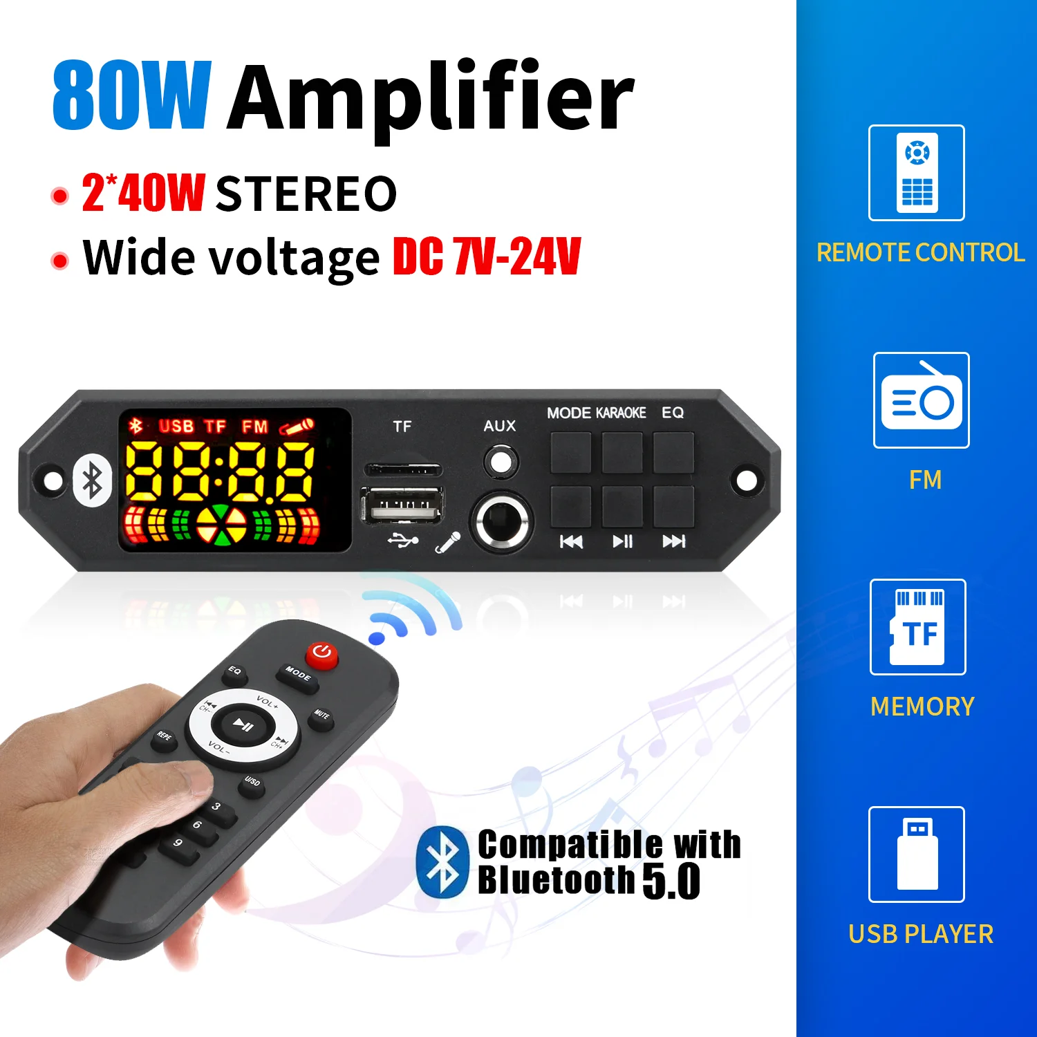 DC 12V  80W Bluetooth 5.0 MP3 WMA WAV APE Decoder Board Hands-free Car Audio Microphone USB TF FM Radio Mp3 Music Player Speaker