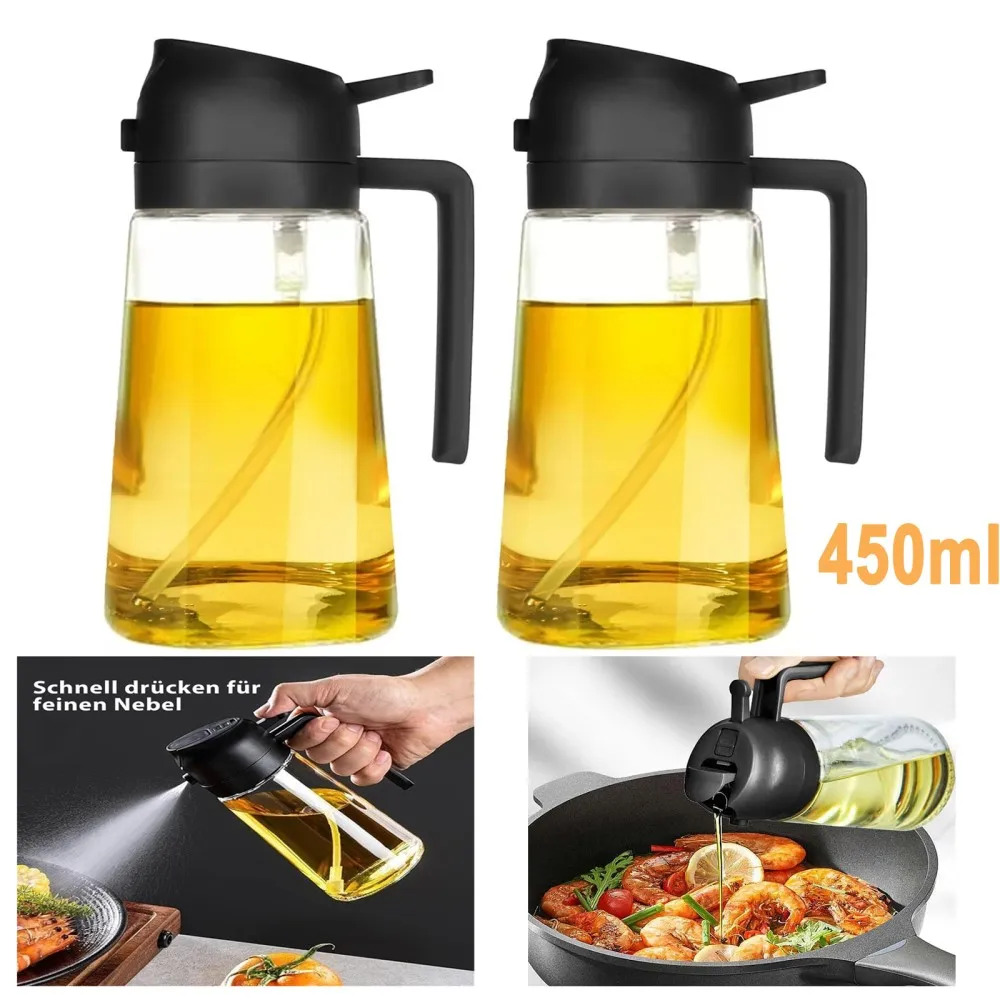 Olivenölspender, Sprühgerät zum Kochen, 2-in-1-Sprühen und Ausgießen, Glasölflasche mit Aufklebern, 450-ml-Ölsprüher, 2 Stück