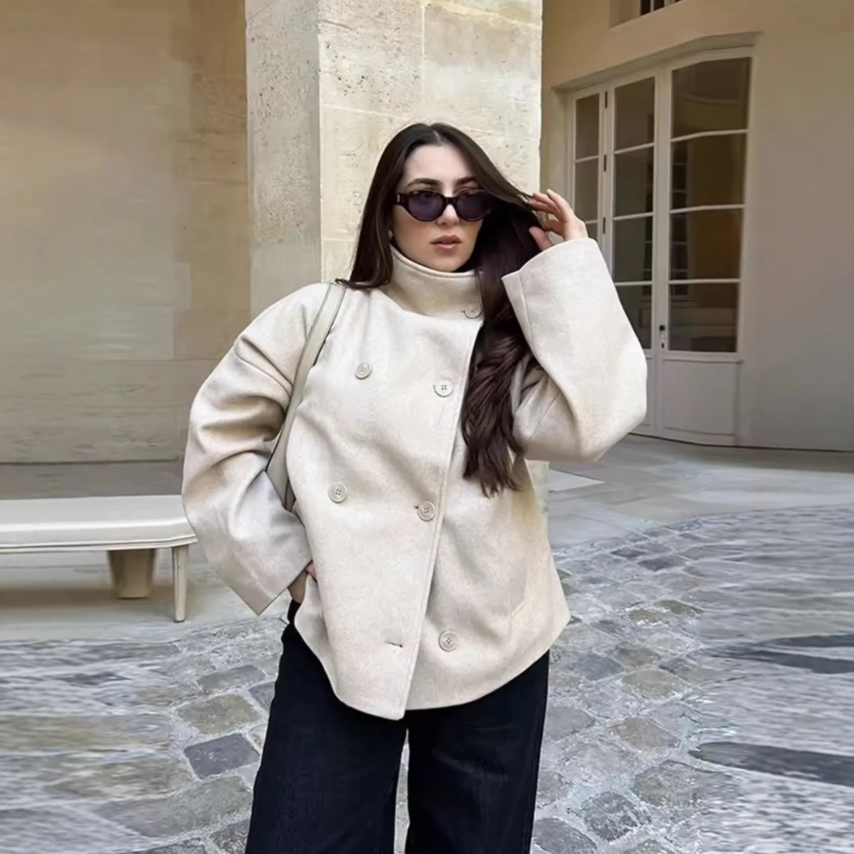 

Women's Double-breasted Solid Color Woolen Coat With A Lapel Collar, Loose Fit, Short Style Fashion Women Jacket Tops PMC8
