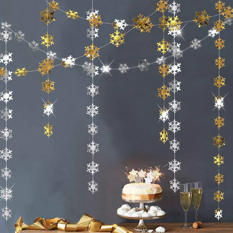 4M Snowflakes Garland Winter Birthday Decorations Merry Christmas Wall Hanging Gold Silver Snowflake Banner Xmas Party Supplies