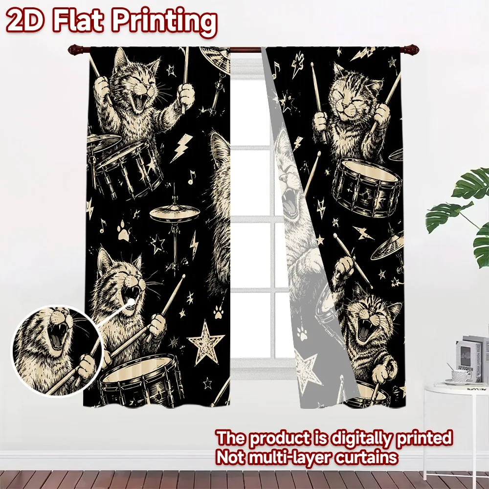 2D flat 2pcs Curtain French Romantic Style Curtains Rocking Drum Cats Digitally printed polyester Festive Holiday for Indoor