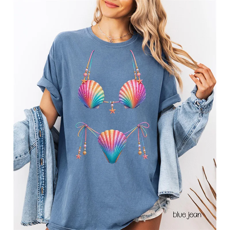 Fun Seashell Bikini 3D Print Sea Beach T-shirt For Women Personalized Vacation Style Breathable Loose T Shirts Summer Leisure