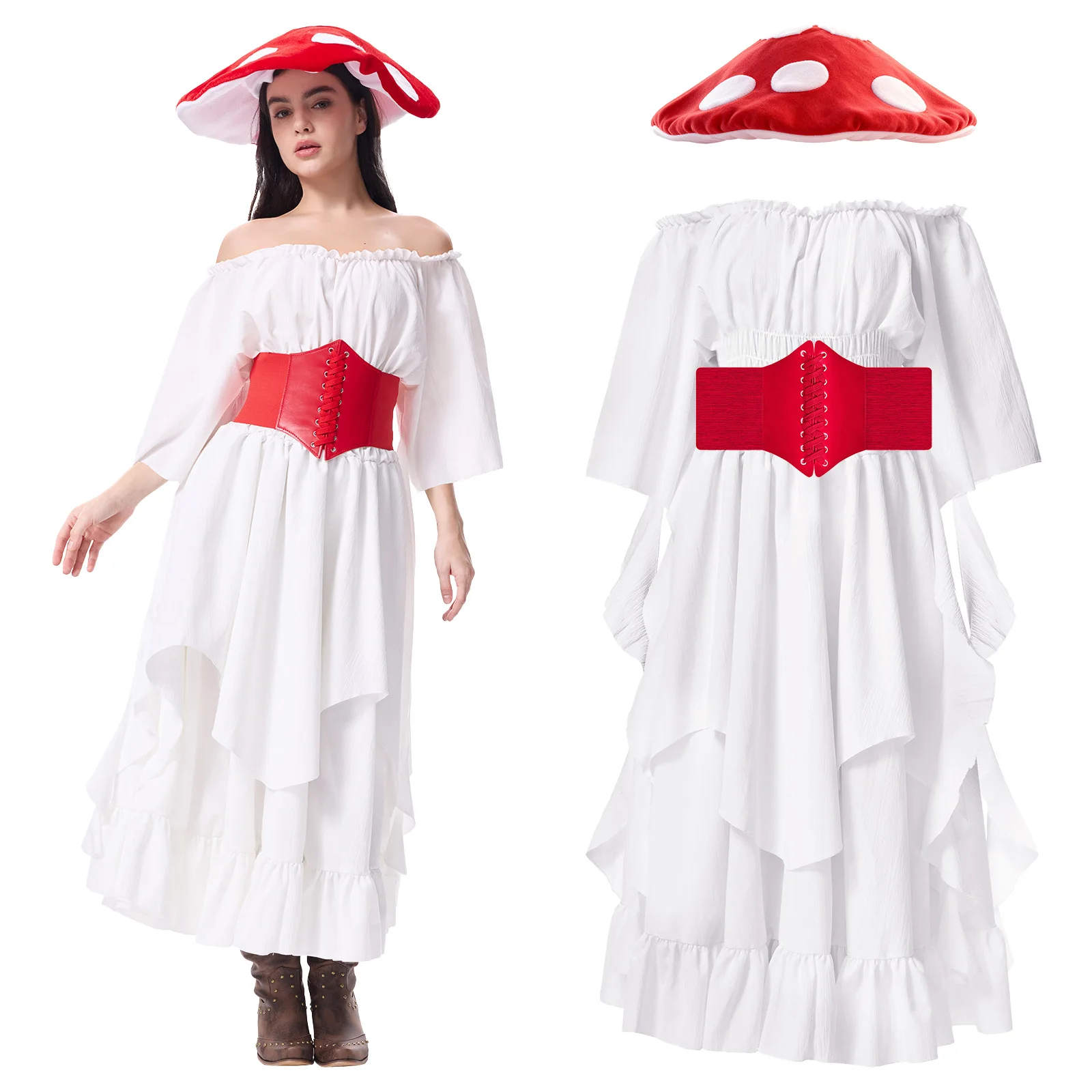

Mushroom Costume Women with Corset Belt Hat Renaissance Medieval Victorian Fairy Retro Vintage Gown for Halloween Cosplay Props
