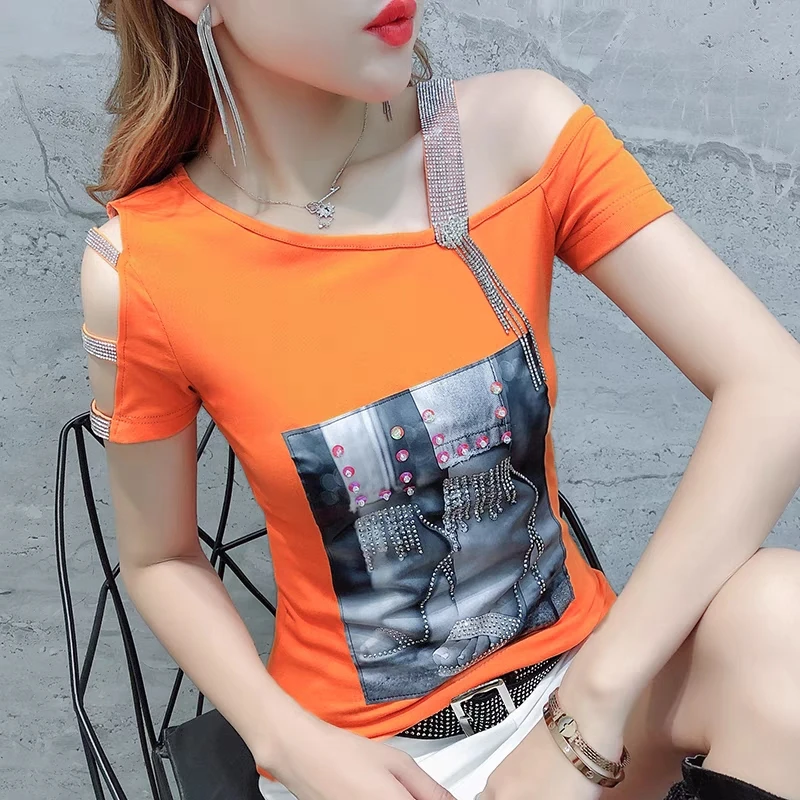 

New Summer Short Sleeved Women's T-Shirt Fashion Casual Print Hot Diamonds Cotton Top Chic Skew Neck Sexy Off Shoulder Girls Tee