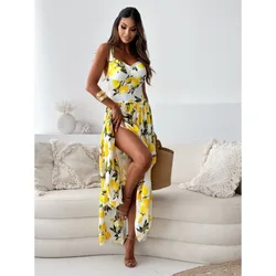 2024 summer sling ruffle maxi dresses for women sleeveless lemon strap fruit print strap sleeveless vacation backless sress robe