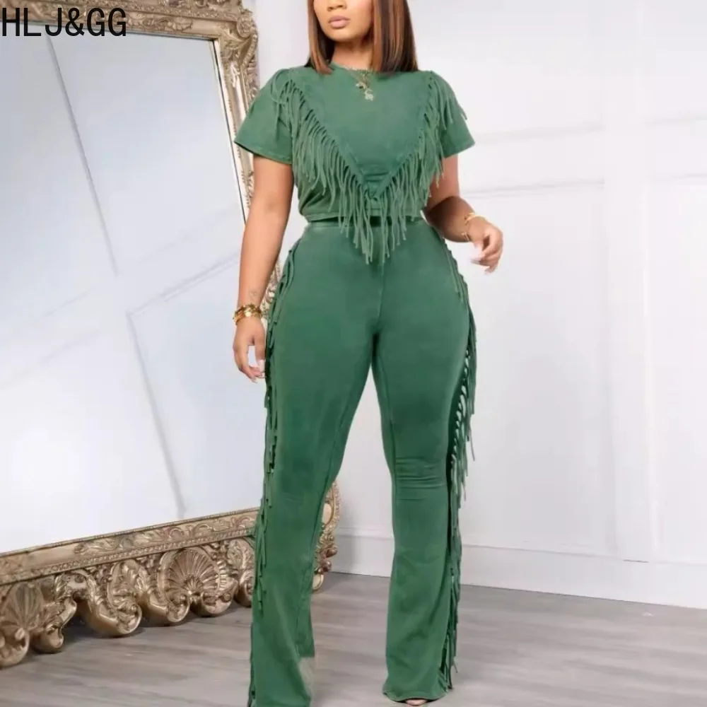 

HLJ&GG Fashion High Elasticity Quality Tassels Two Piece Sets For Women Round Neck Short Sleeve Crop Top And Pants Outfits 2024