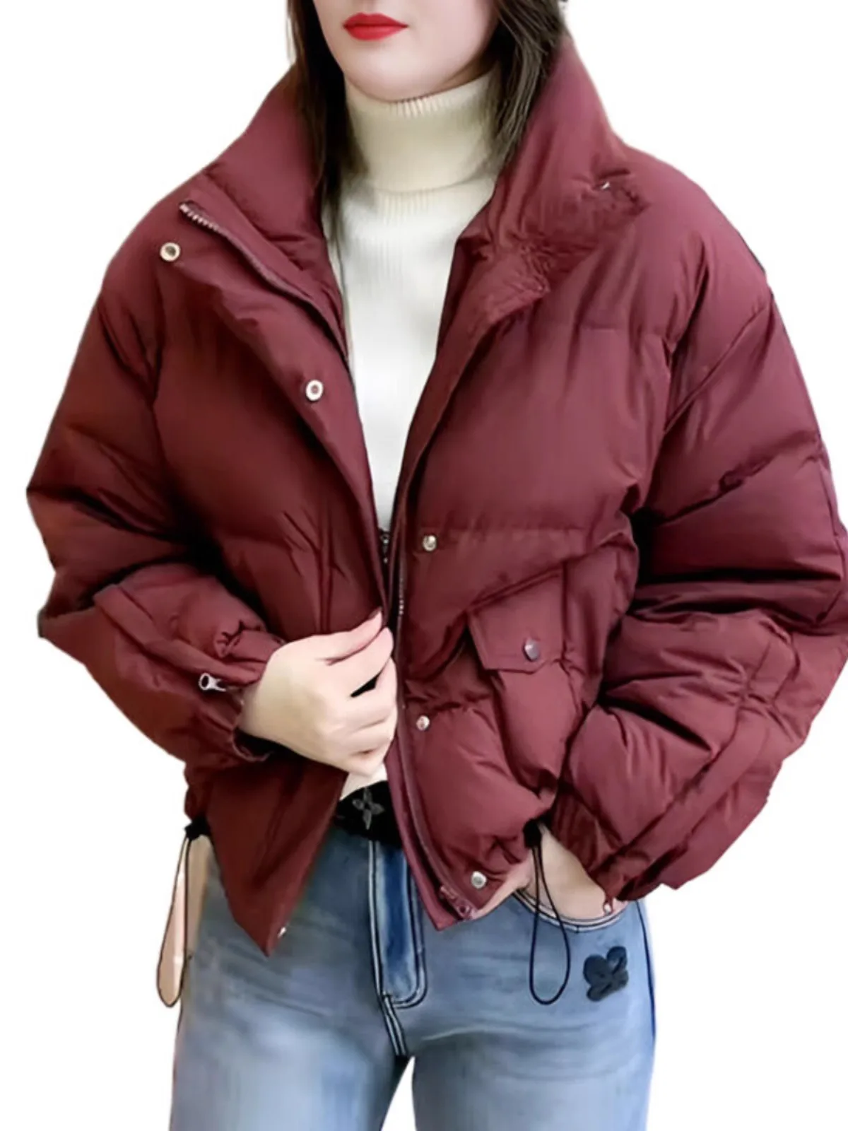 Casaco de Inverno Feminino com Gola Alta em Algodão, Tamanho Pequeno, com Capuz, Estilo Coreano, Corte Solto