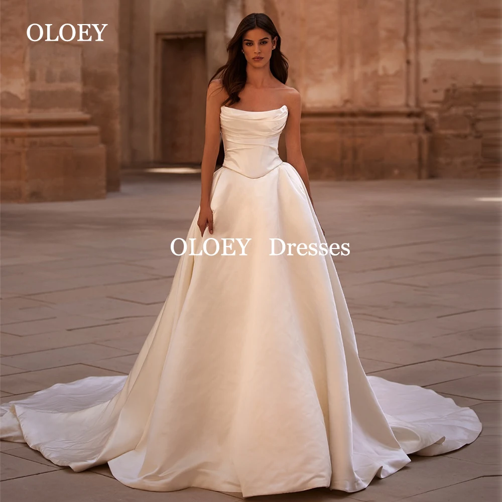 

OLOEY Elegant Ivory A Line Wedding Dresses Scoop Neck Floor Length Bridal Gowns Sleeveless Sweep Train Pleats Satin Customizd