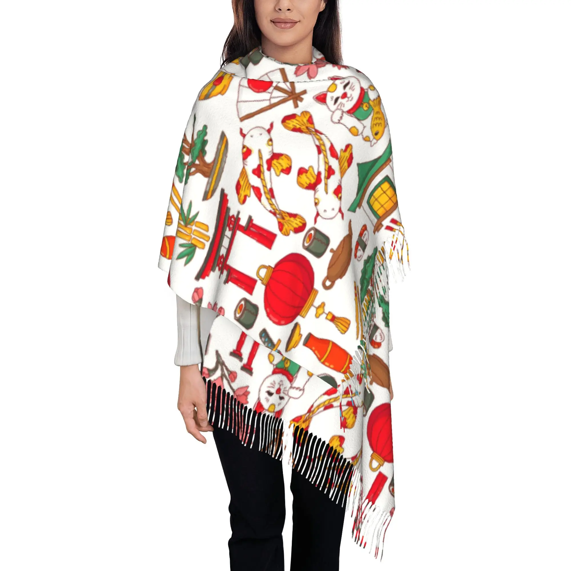 Custom Print White Japanese Lucky Cat Koi  Scarf Women Men Winter Fall Warm Scarves  Shawls Wraps