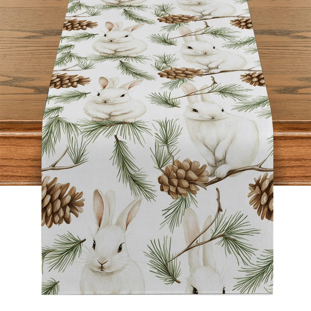 Christmas Rabbit Pine Cone Fir Table Runner Kitchen Dining Decoration Table Runners Holiday Decorations Room Decor