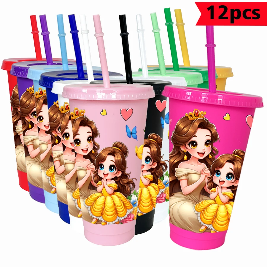 

12 pcs/pack Disney, Princess Belle, Golden Dress 26oz Colored Plastic Tumbler Birthday Party Drinking Utensils Juice Coffee Mug