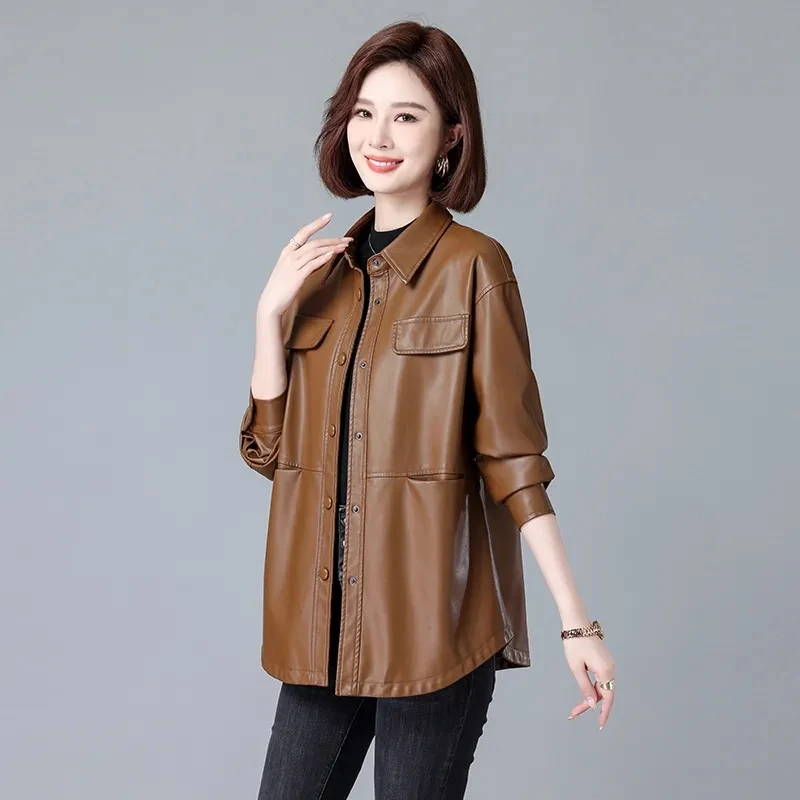 High-quality Women Leather Jacket Spring Autumn New Fashion Mid-Long Leather Coat Middle Aged Mother Casual Faux Leather Outwear