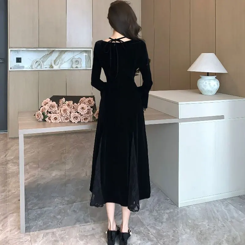 French Style Square Collar Halter Dresses Spring Autumn A-Line Stylish Patchwork Basic Female Clothing Aura Elegant Midi Dress