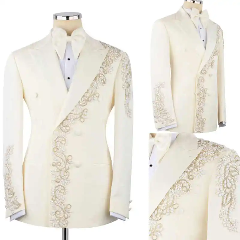 

Luxurious Men Suit 1 Pieces Blazer Double Breasted Beading Wedding Groom Tuxedos Formal Occasion Party Customized