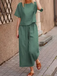 Women's Retro Solid Color Suit Short-sleeved Round Neck Casual Top Wide-leg Pants 2024 Women's Fashion Two-piece Set