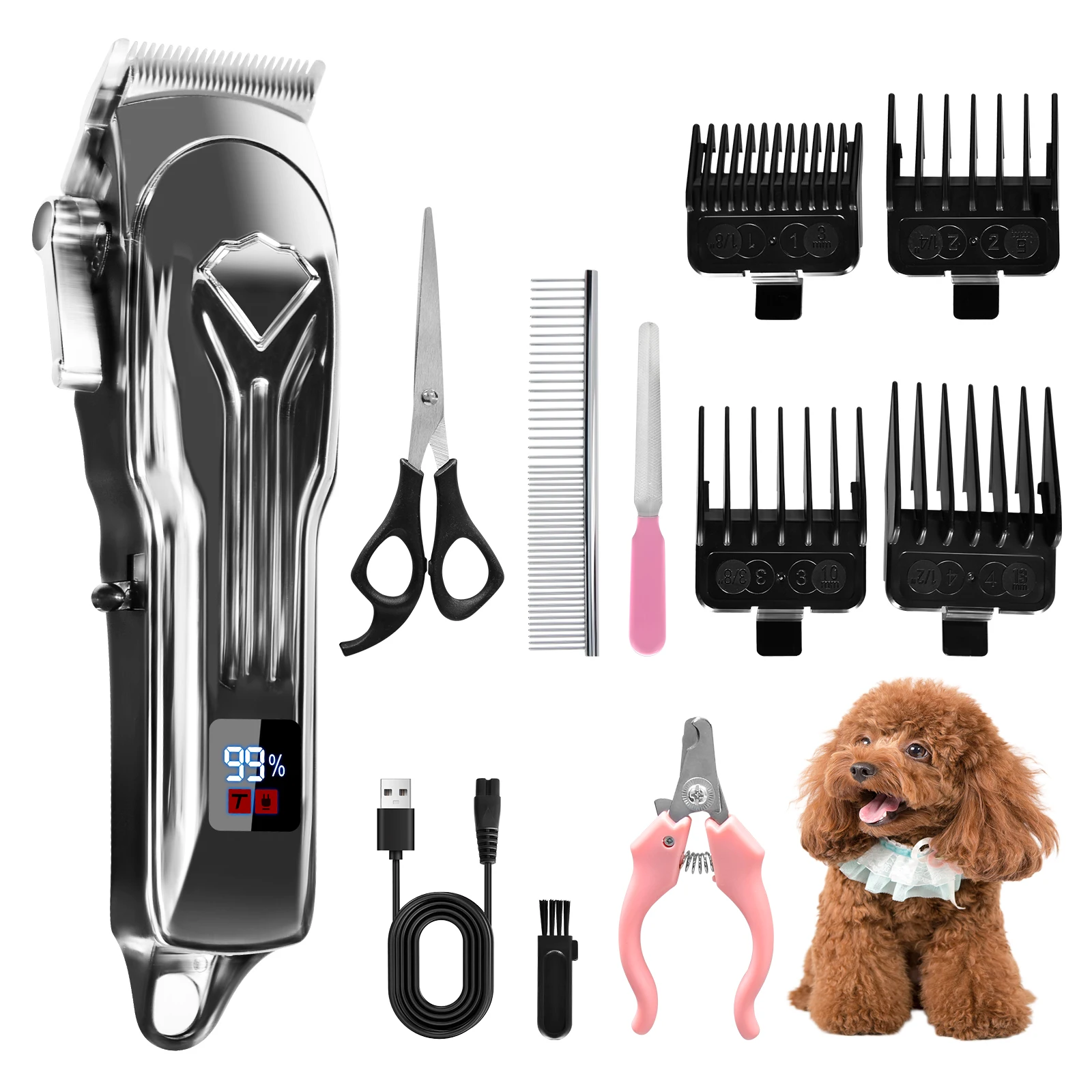 

Pet Shaver Hair Clipper Set For Cat and Dog Pet Grooming, Rechargeable Cordless Electric Trimmer, 4 Guide Combs, Low noise