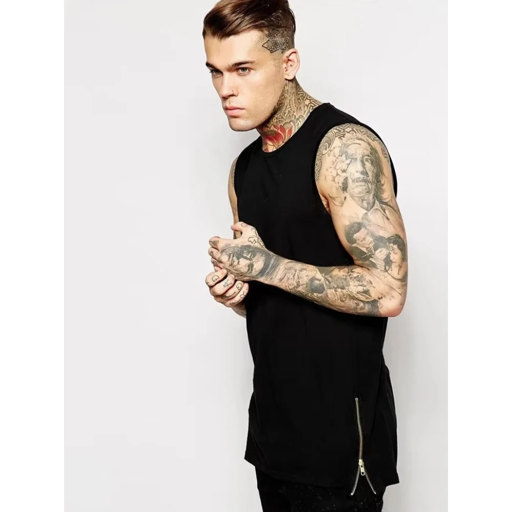 High Street Side Zipper Long Size Mens Tank Tops Brand Extension All-match Plain Man T-shirt Bottoming Vest Men Tanks Top