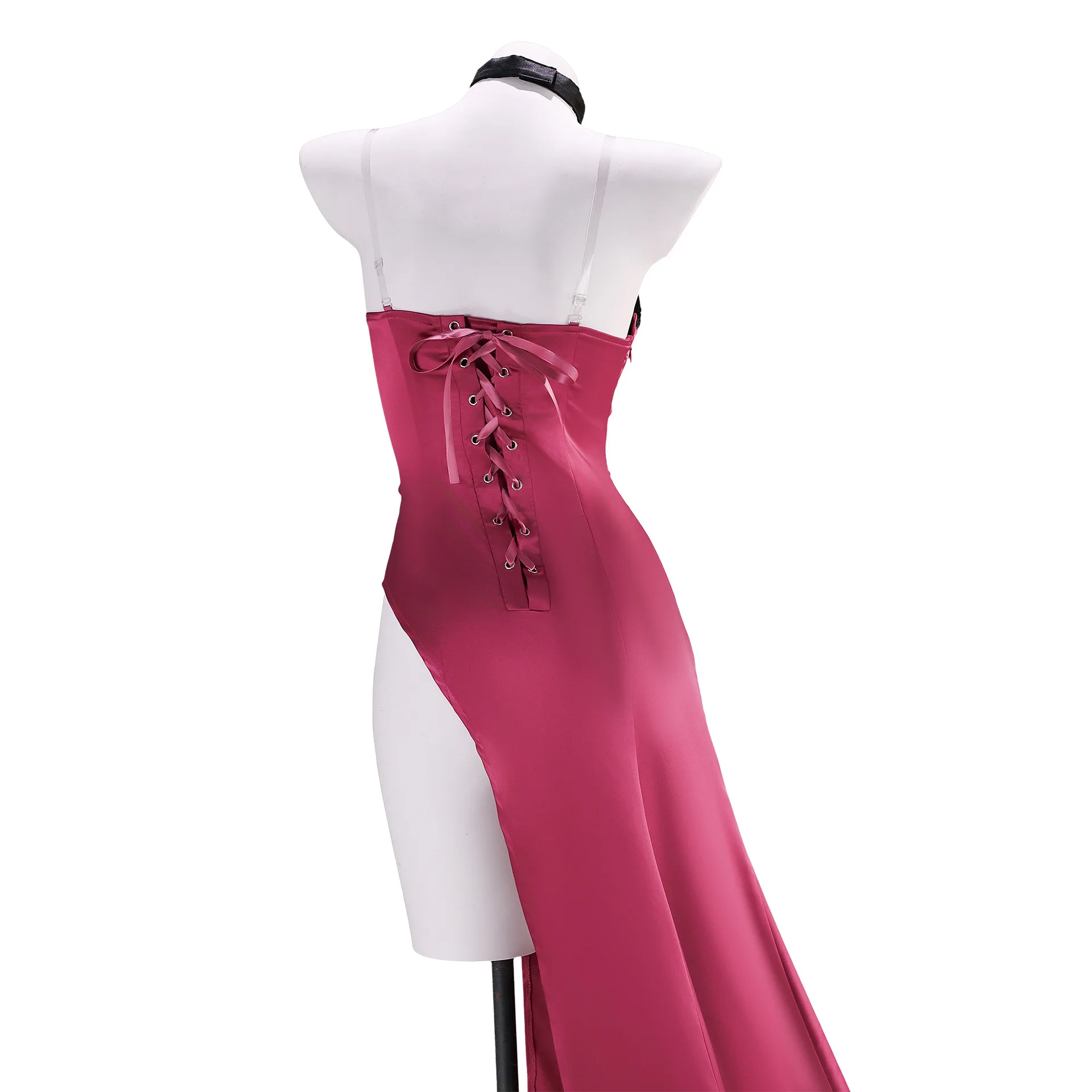 Angel Dust Cosplay Costume Heart Sequin Spaghetti Strap Mermaid Dress Pink Satin High Side Slit Long Gown Black Choker set view 5
