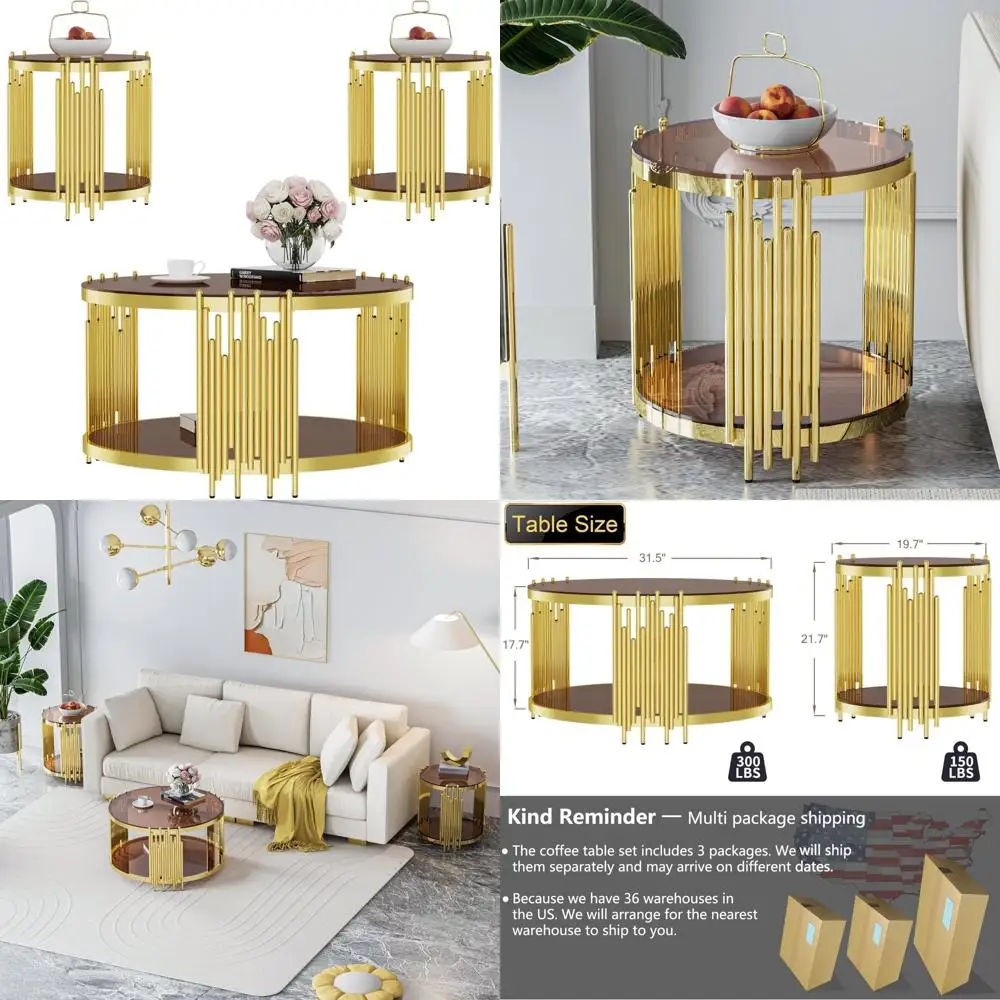

Modern 3-Piece Gold Coffee Table Set, Round Living Room Tables with Stainless Steel Legs and Brown Tempered Glass Tops