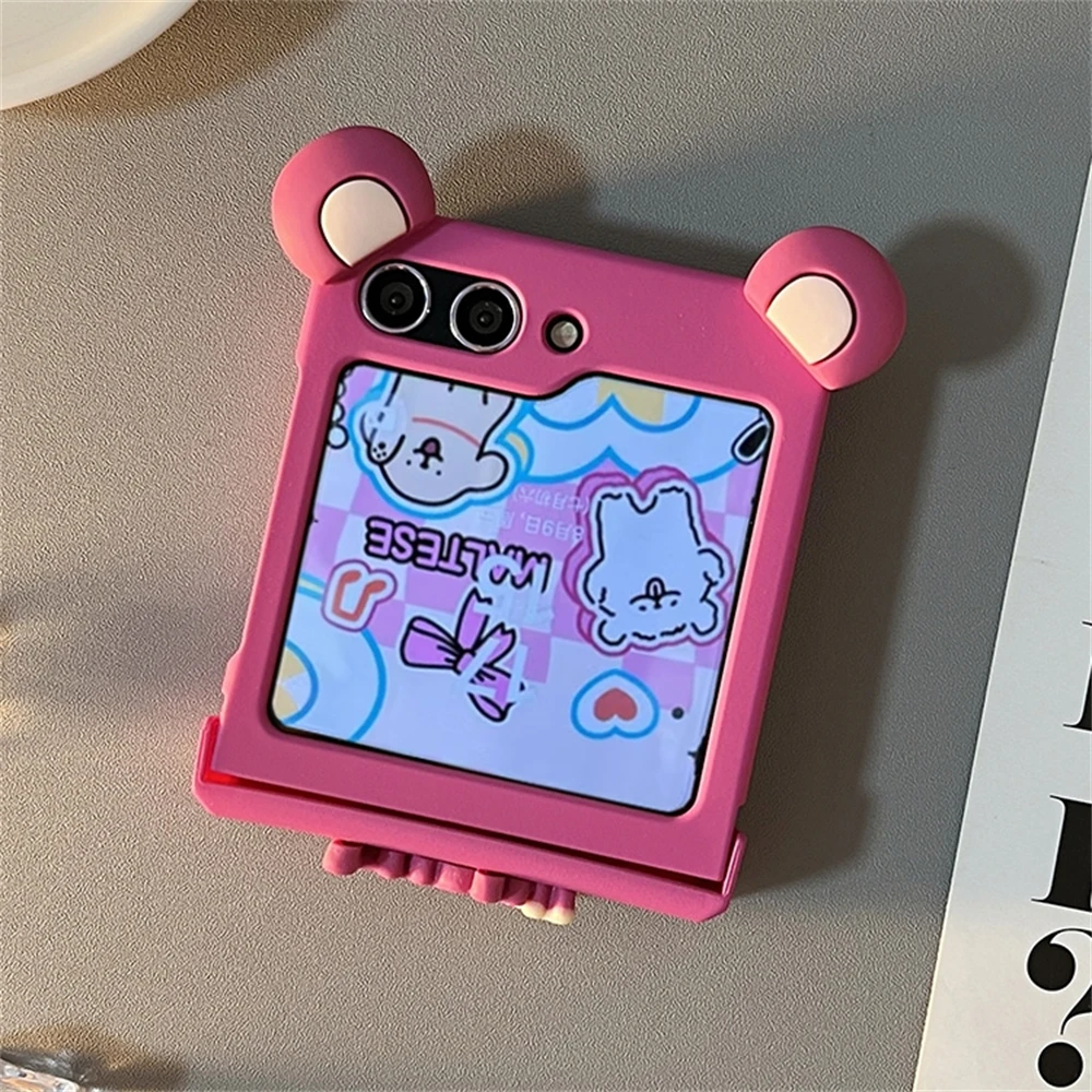 Korean Cute Pink Bear Ear Lucky Phone Case For Samsung Galaxy Z Flip 6 5G Zflip5 Cartoon Shockproof Cover Hinge Protective Shell