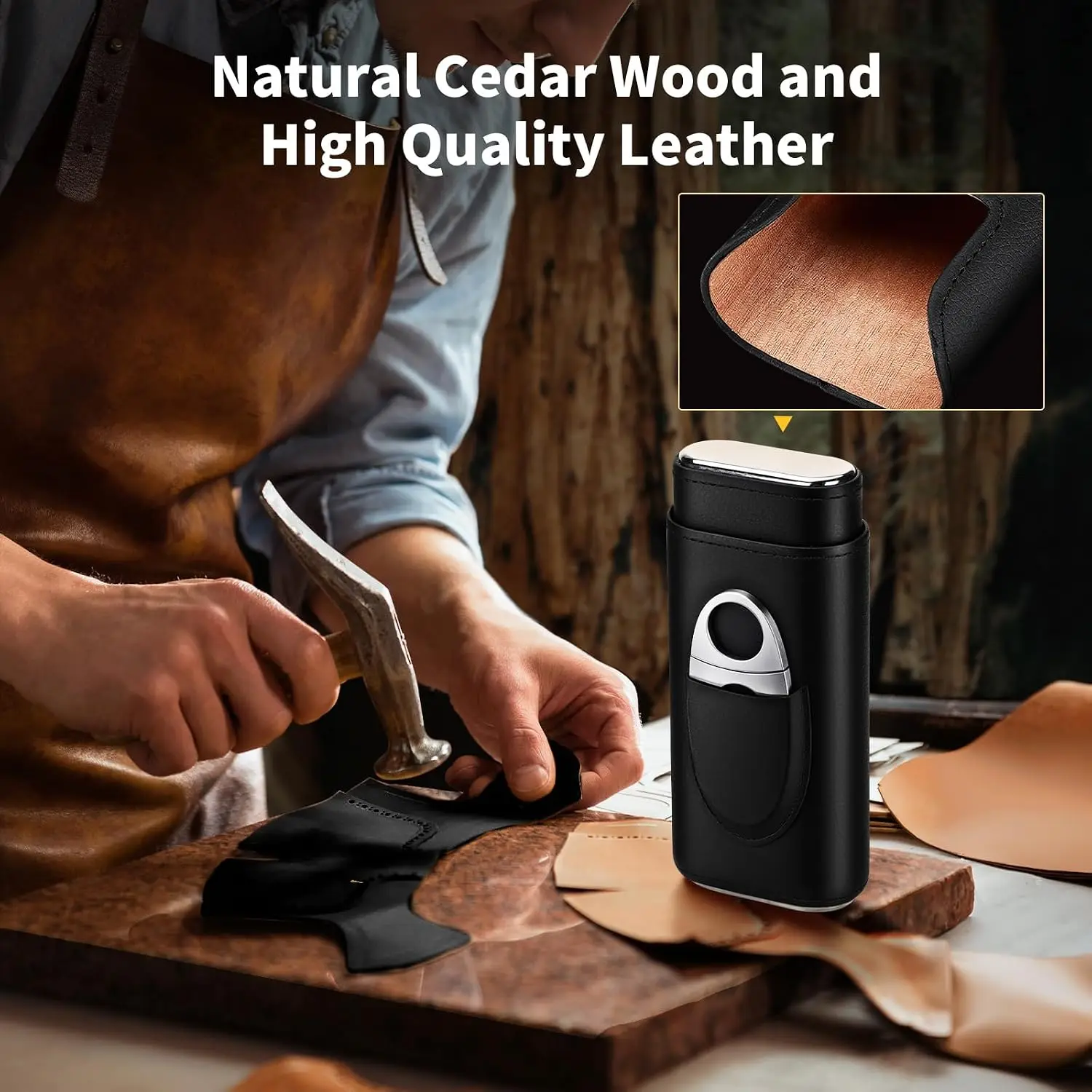 Premium 3-Finger Leather Cigar Case with Stainless Steel Cutter Cedar Wood Lined Travel Cigar Humidor Case Cigars Storage Holder