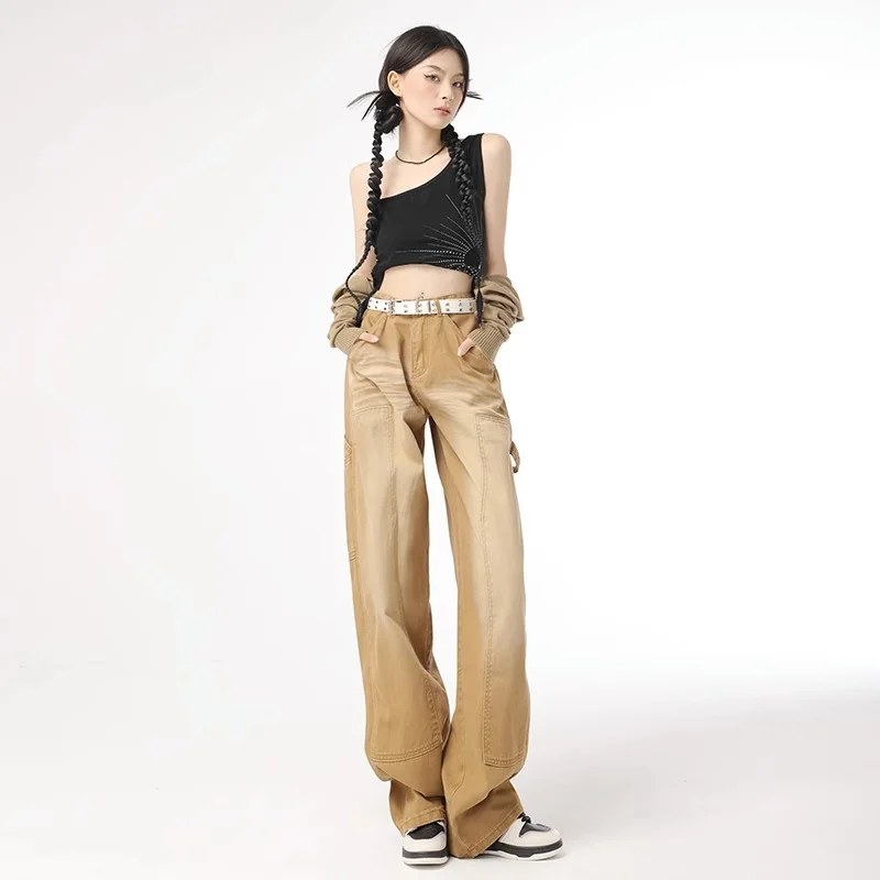 

Brown Women Jeans Vintage High Waist Y2K Style Straight Baggy Pants American Fashion Street 2023 NEW Wide Leg Denim Trouser